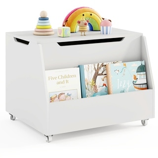 Gymax Kids Toy Box Wooden Storage Chest Bench w/ Bookshelf Wheels