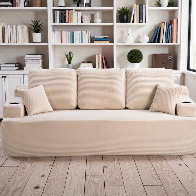 87 Inch 3 Seater Sofa Couch, Deep Seat Corduroy Living Room Sofa with Cup Holders and Side Pockets - Camel