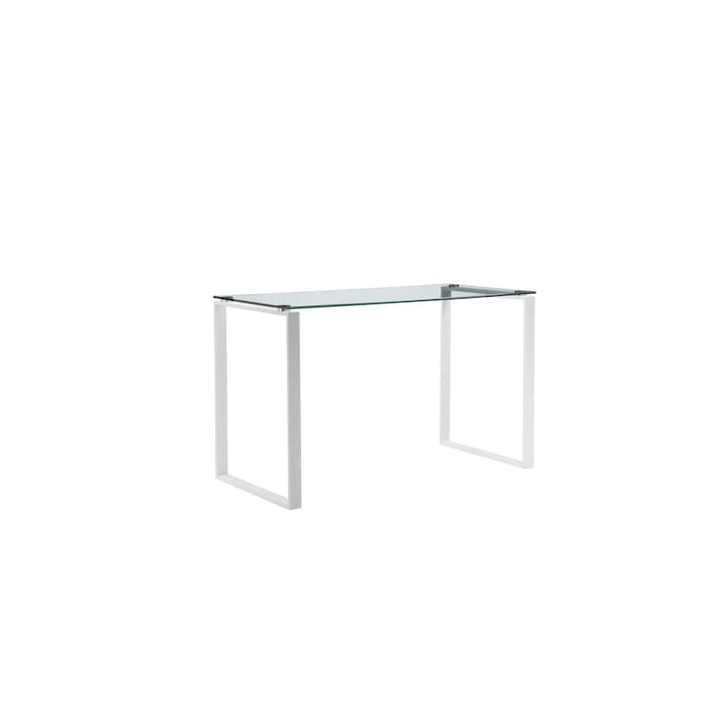 Elen 47 Inch Desk, Rectangular Tempered Glass, White Powder Coated Metal