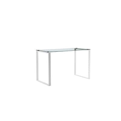 Elen 47 Inch Desk, Rectangular Tempered Glass, White Powder Coated Metal