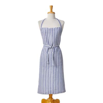 Blue and White Stripe Cotton Cooking Apron - Everyday Kitchen Textile, Machine Washable, 34.64" L x 32" W