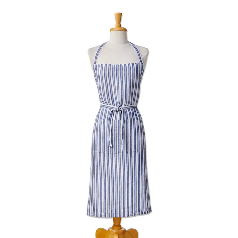 Blue and White Stripe Cotton Cooking Apron - Everyday Kitchen Textile, Machine Washable, 34.64" L x 32" W