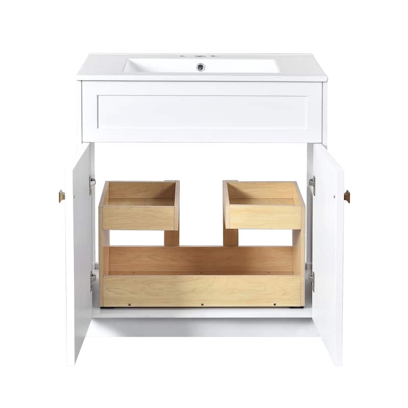 Modern Bathroom Vanity Floor Cabinet with Pull-out Rack, Soft Closing Textured Doors and Exquisite Gold Square Metal Handles