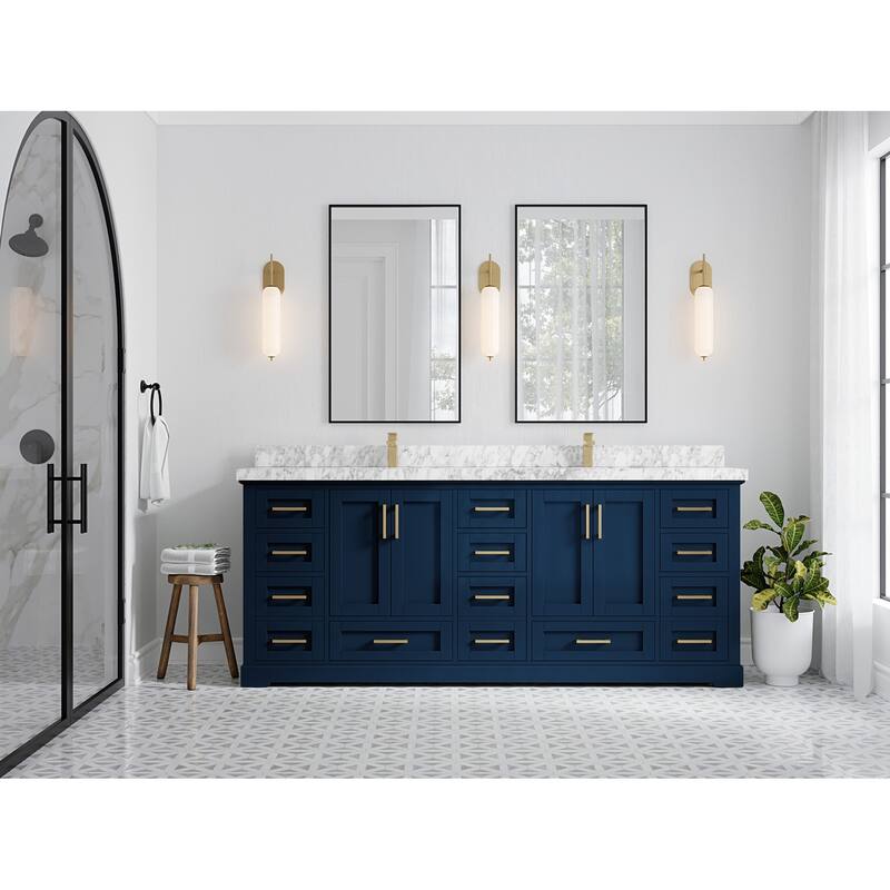 Willow Collection 84 in W x 22 in D x 36 in H Boston Double Bowl Sink Bathroom Vanity with Countertop - 2"Carrara Marble - Navy Blue