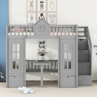 Twin-Over-Twin Bunk Bed with Table, Turn into Upper Bed & Down Desk
