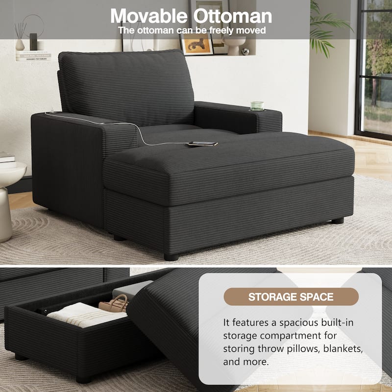 42.8" Oversized Chaise Lounge Chair with Storage Ottoman, Corduroy Sofa Bed with Cup Holders & USB Charging Port