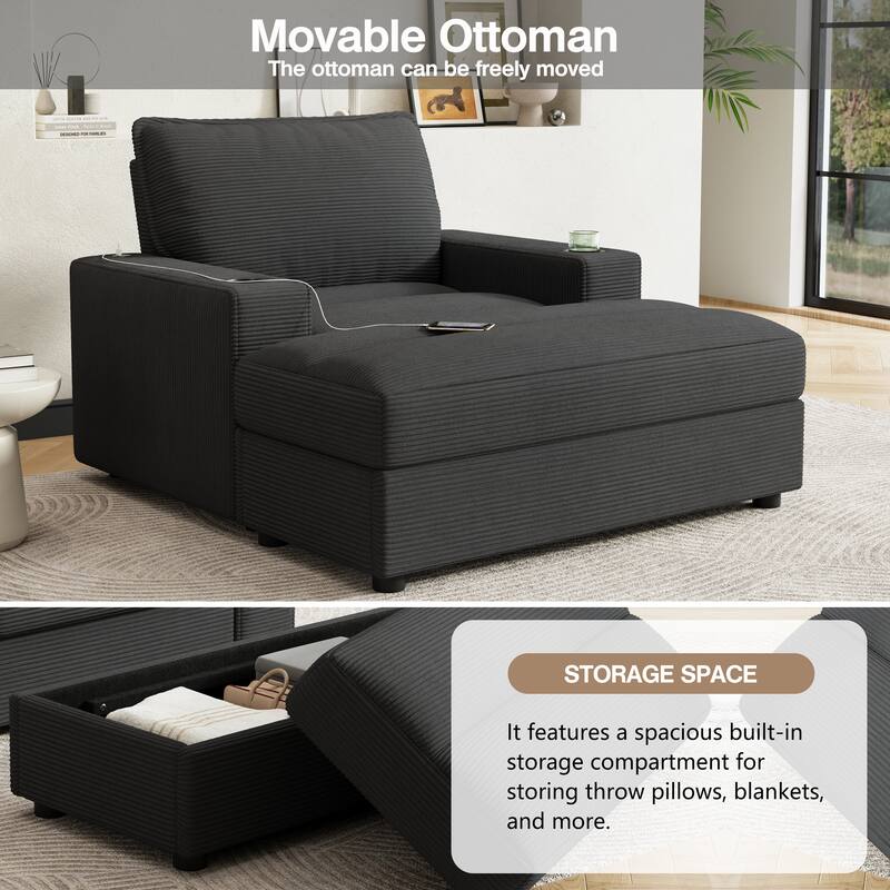 Roomfitters Oversized Chaise Lounge Chair with Storage Ottoman and Built-in USB Charging Port, Corduroy Sleeper Couch