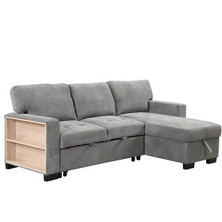 Pull Out Sleeper Sofa Bed L-shape Linen Fabric Sectional Couch Set with ...