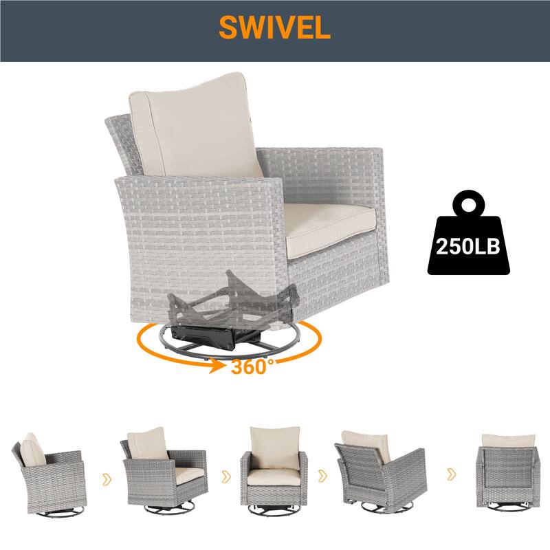 LIVOOSUN 3-Piece Patio Sofa Set Outdoor Rattan Swivel Rocking Chair Glass Table