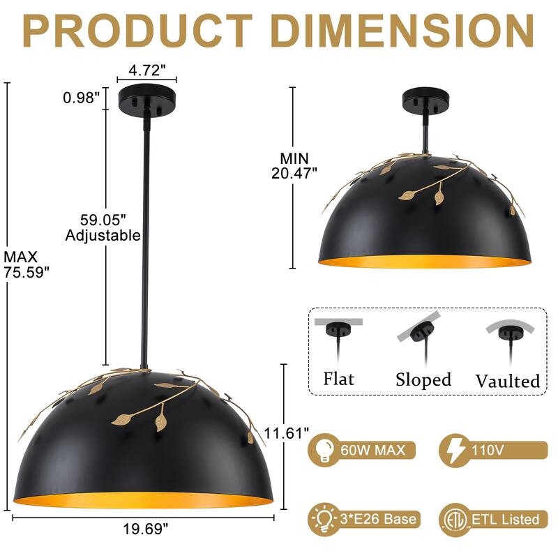 8-Light Matte Black Dome Pendant Light with Gold Interior for Kitchen - Dia.19.69-in