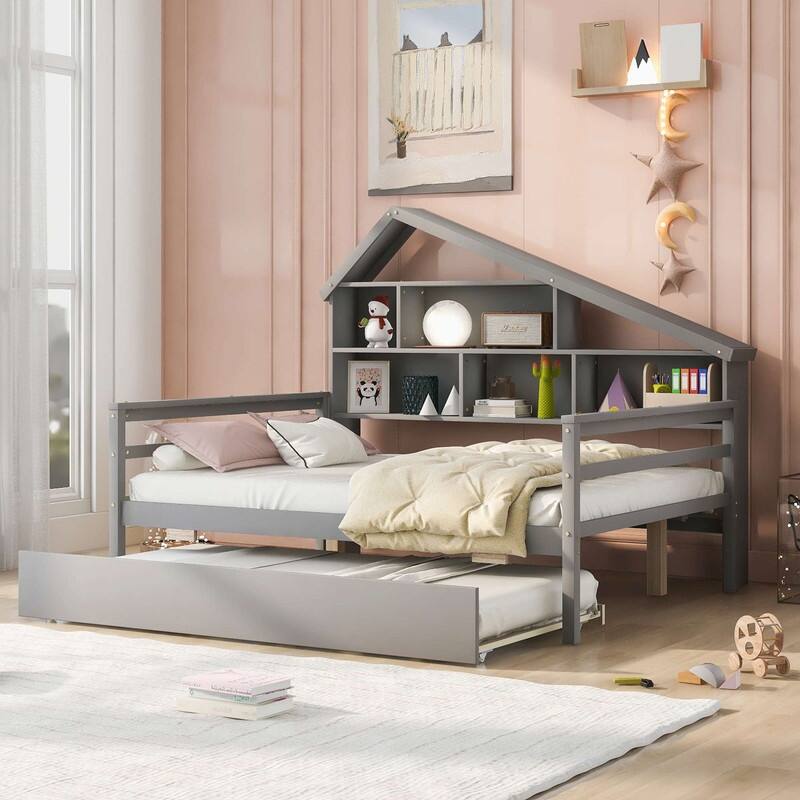 Full Size Platform Bed with Trundle and Shelves