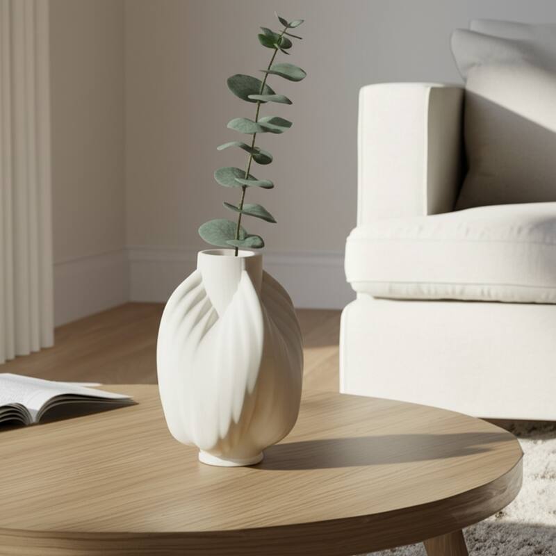 Porcelain Vase Textured Decorative Vessel with Ribbed Carved Form