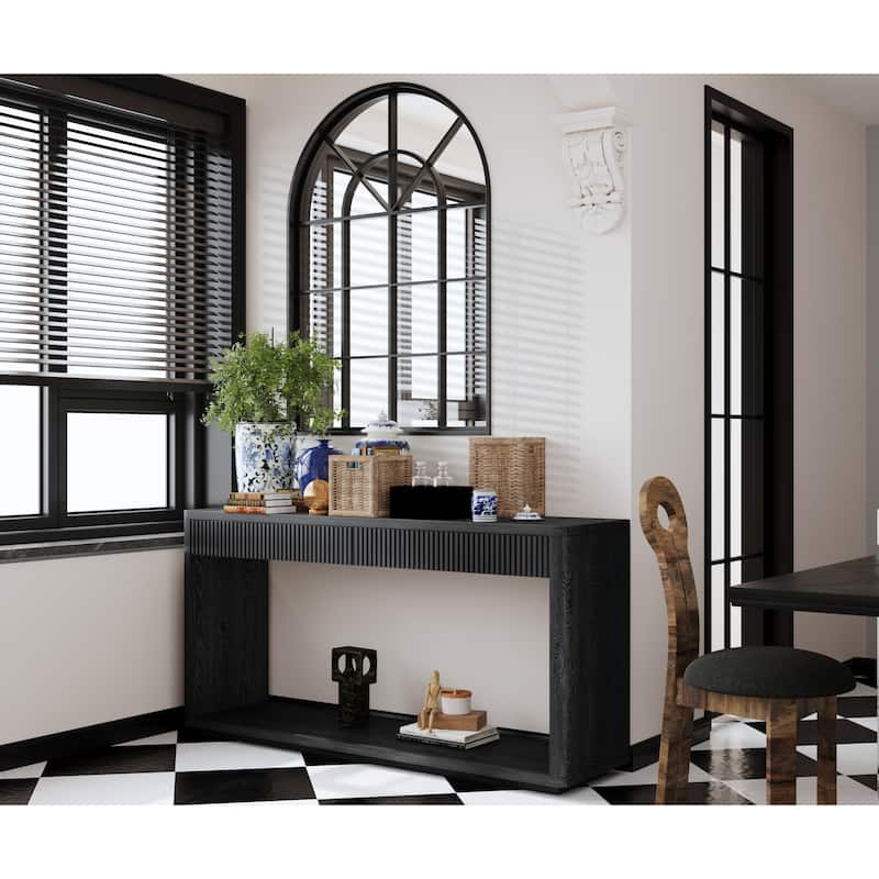 60" Modern 2-Drawer Fluted Console Table Natural Wood Veneer Sofa Table Behind Couch Table for Living Room