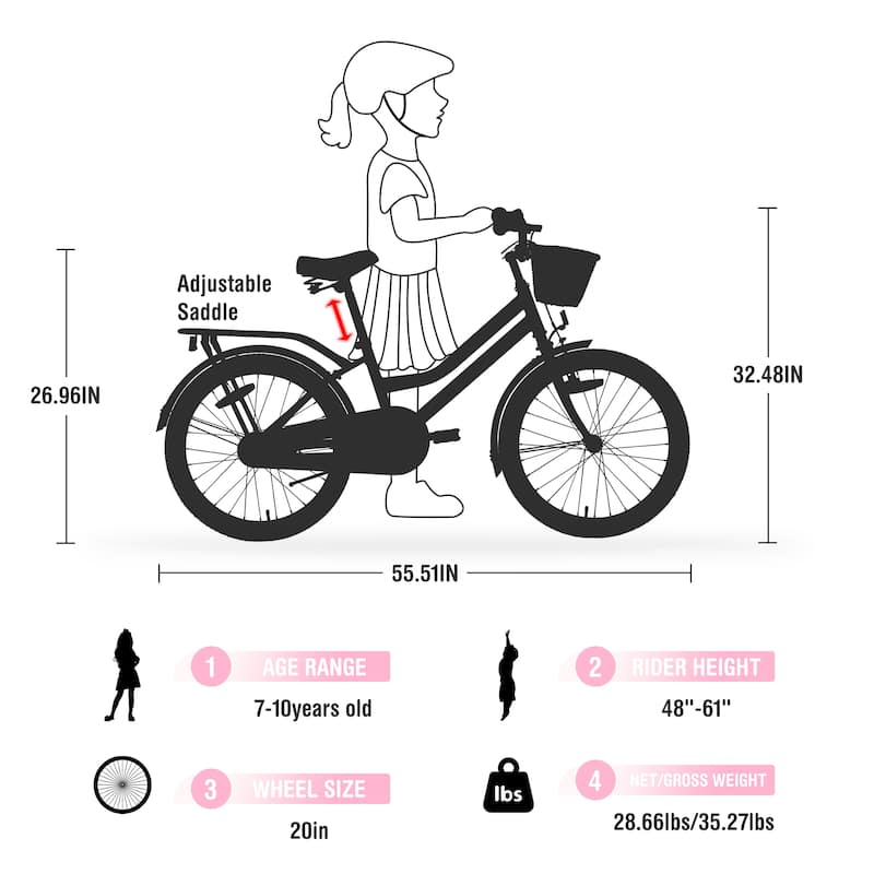 20 Inch Girls Bike with Basket, Single Speed Steel Frame, Front V-Brake & Rear Coaster Brake, Ages 7-10