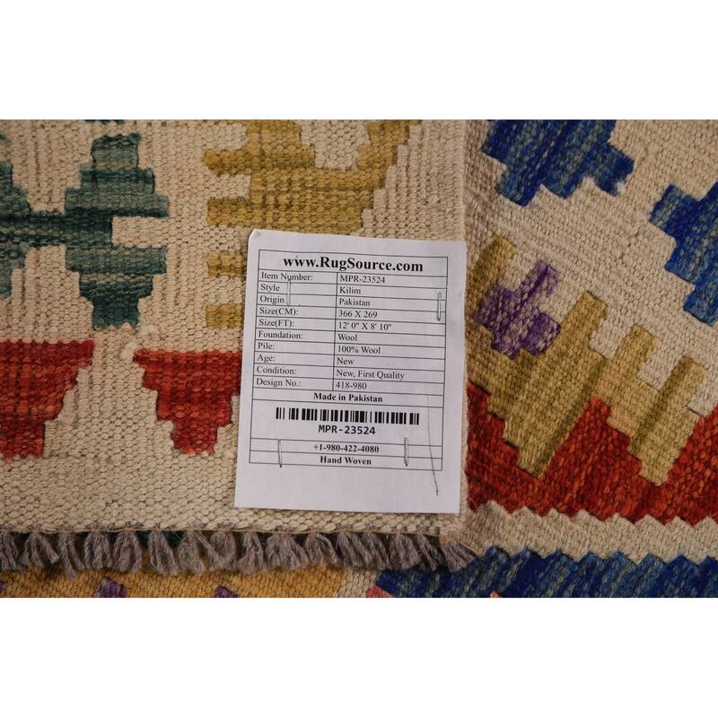 Geometric Kilim Area Rug Hand-Woven Orange Tribal Wool Carpet - 8'10"x 12'0"