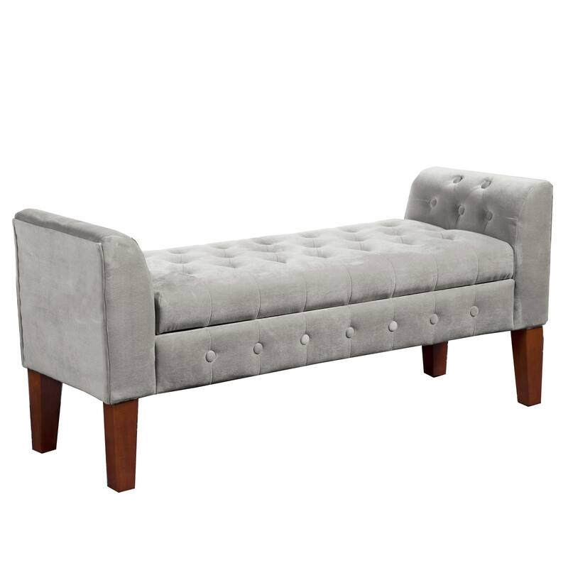 Velvet Upholstered Button Tufted Wooden Bench Settee With Hinged Storage - 23 H x 50 W x 18 L Inches