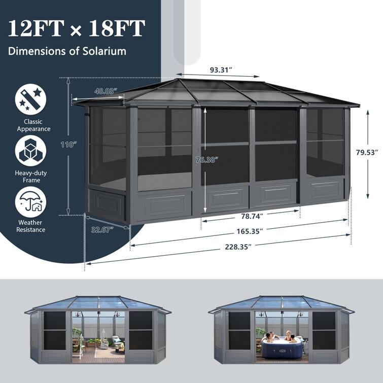 Erommy Outdoor Solarium Sunroom, Patio Hardtop Gazebo, Aluminum Frame Permanent Gazebo with Sliding Doors and Screens