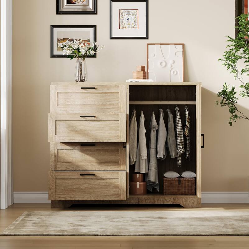 43.3" Armoire Wardrobe Closet with 4 Drawers & 2 Doors, Hanging Rod, Compact Wooden Storage Cabinet for Bedroom