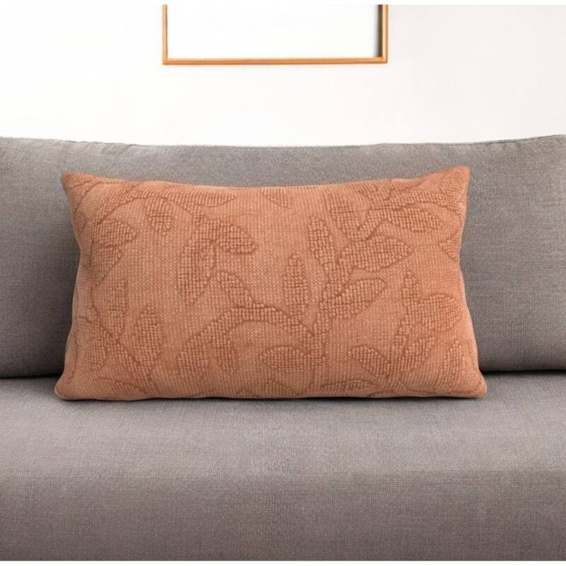 HomeRoots 14" X 26" Terra Cotta Botanical Cotton Throw Pillow With Texture - Bed Rest - Polyester