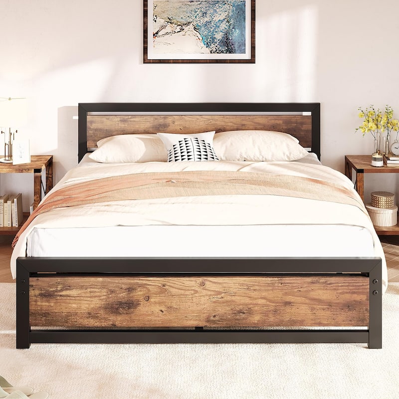 Bed Platform with Wooden Headboard No Box Spring Needed - Brown3 - Full