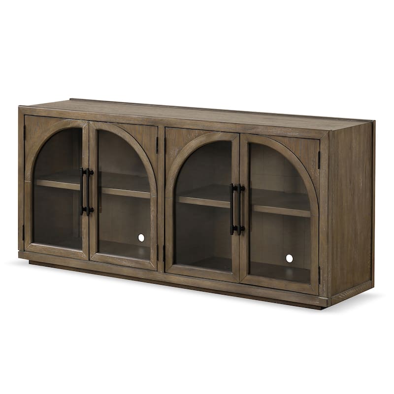 Furniture of America Lenn Modern Farmhouse Oak Wood 4-Door Server with Glass Doors