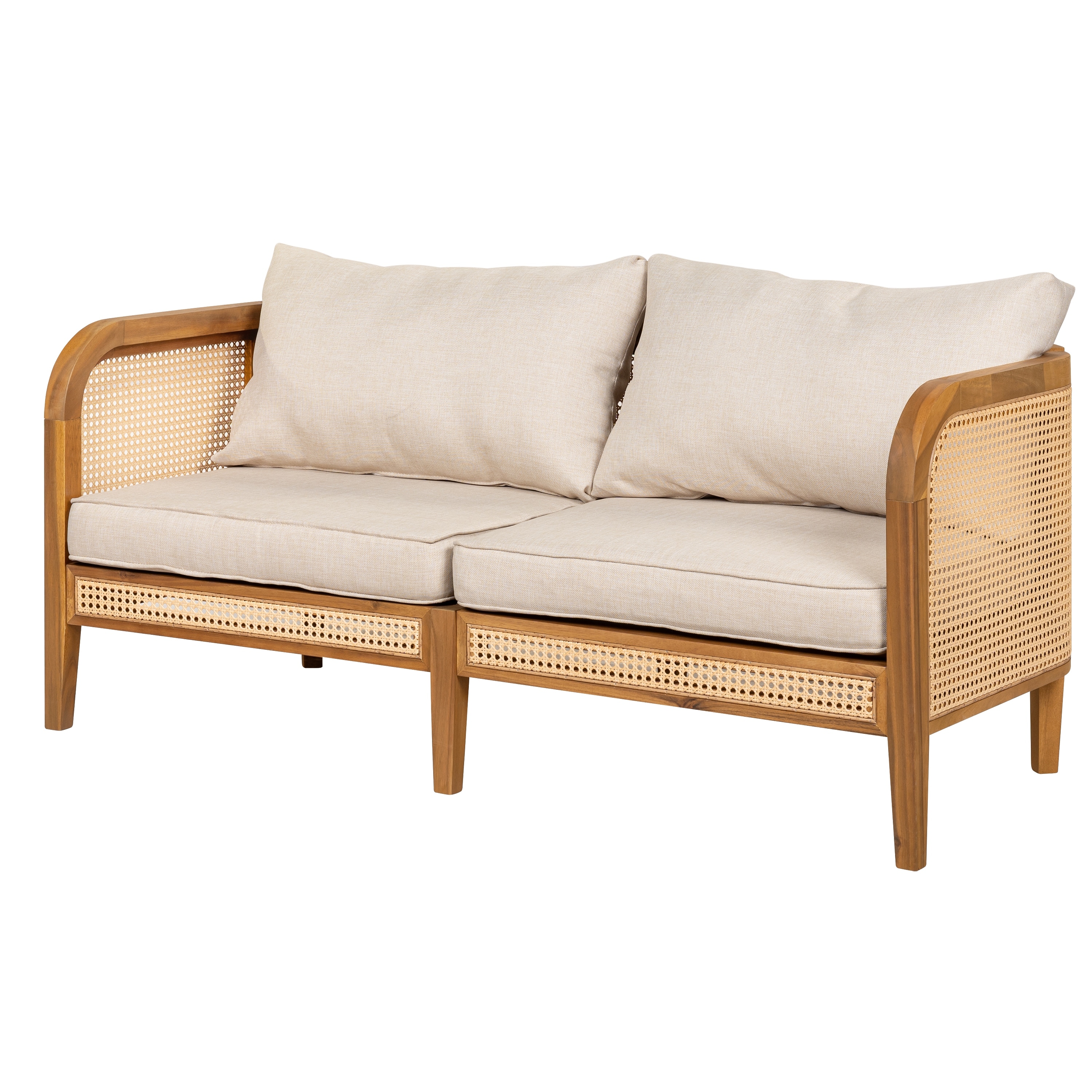 Roomfitters Kirkby Outdoor Acacia Wood Sofa with Wicker Back and Cushion, Boho Teak Finish