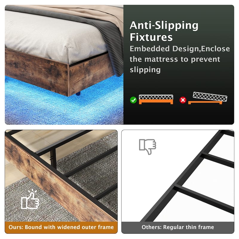 Floating Bed Frame with LED Lights, Hanging Upholstered Headboard No Box Spring Needed,Full Size