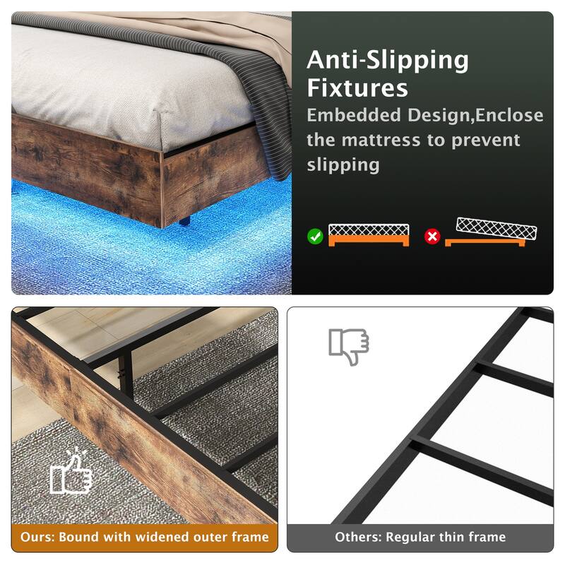 Floating Bed Frame with LED Lights, Hanging Upholstered Headboard No Box Spring Needed,Queen Size