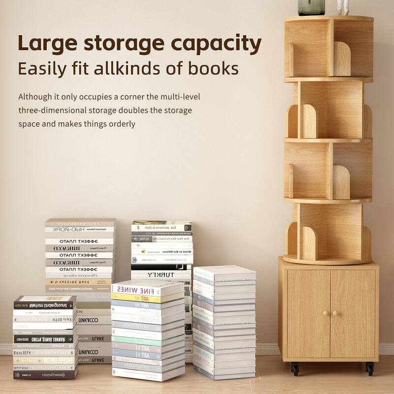 5-Tier Rotating Bookshelf, 360-Degree Display with Drawer for Small Spaces, Floor Bookcase for Living Room