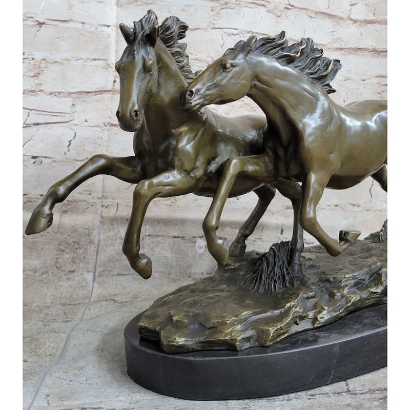 Galloping Pair Of Horses Bronze Statue Sculpture Decor Signed Zhang 10 Inches X 17 Inches
