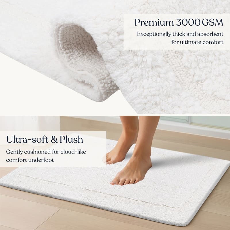 Delara Organic Cotton Reversible Bath Mat, 3000 GSM, GOTS Certified, Ultra-Thick & Super Absorbent, Quick-Drying Bathroom Rug