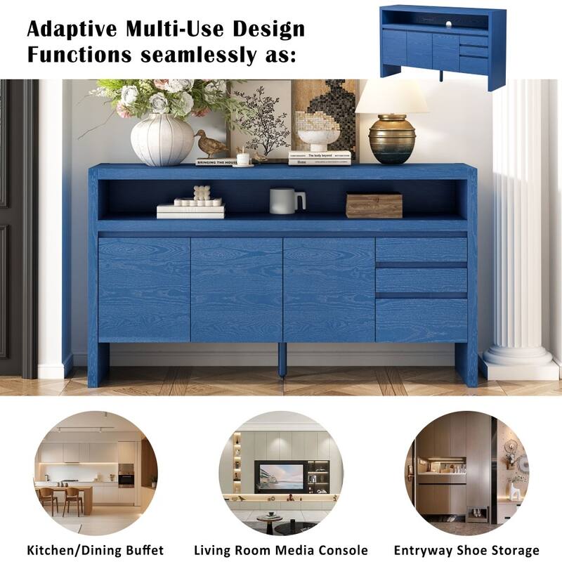 60" Modern Wooden Storage Sideboard with 3 Doors and 3 Drawers, Semi-Open Shelf