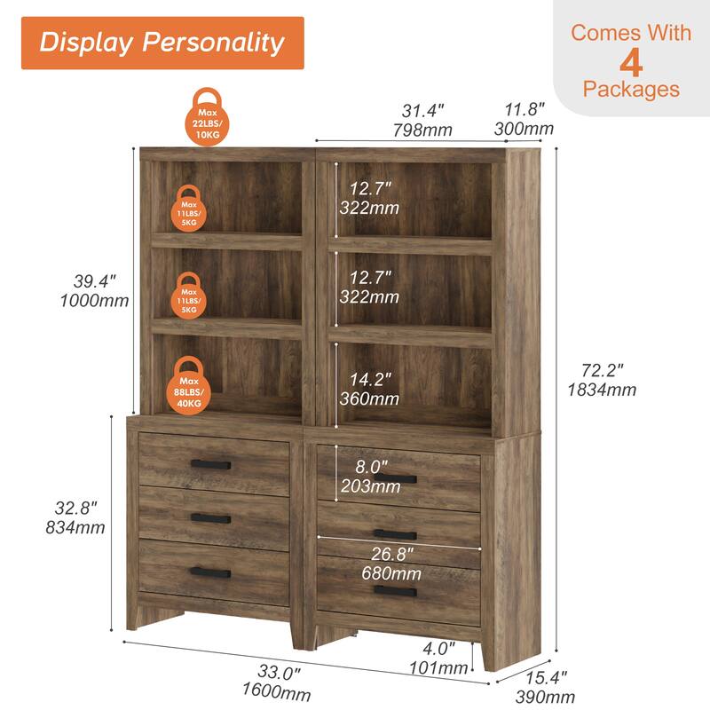 3-Tier Bookshelf with 3 Large Drawers, 74" Tall Farmhouse Bookcase with Wide Metal Handles, for Living Room, Office, Library