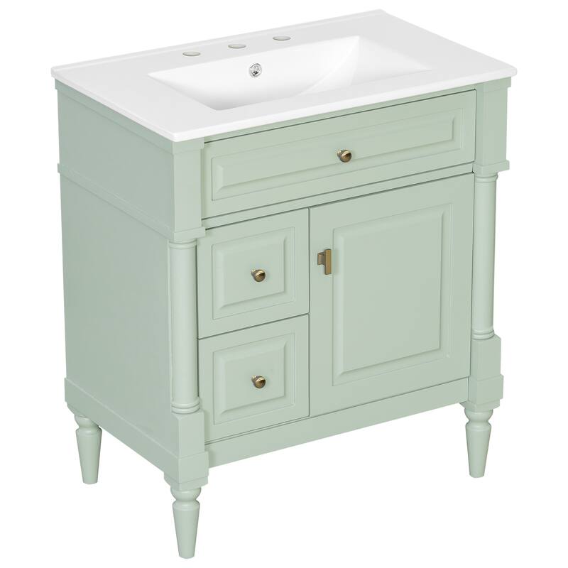 Roomfitters 30" Bathroom Vanity with Sink, Solid Wood Frame, Flip Drawer, 2 Drawers & Door Rack