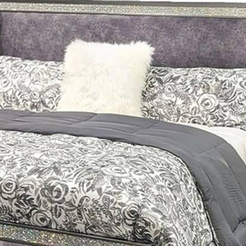 Laine Queen Bed, Glam Crystal Acrylic Trim, Gray Fabric Upholstered