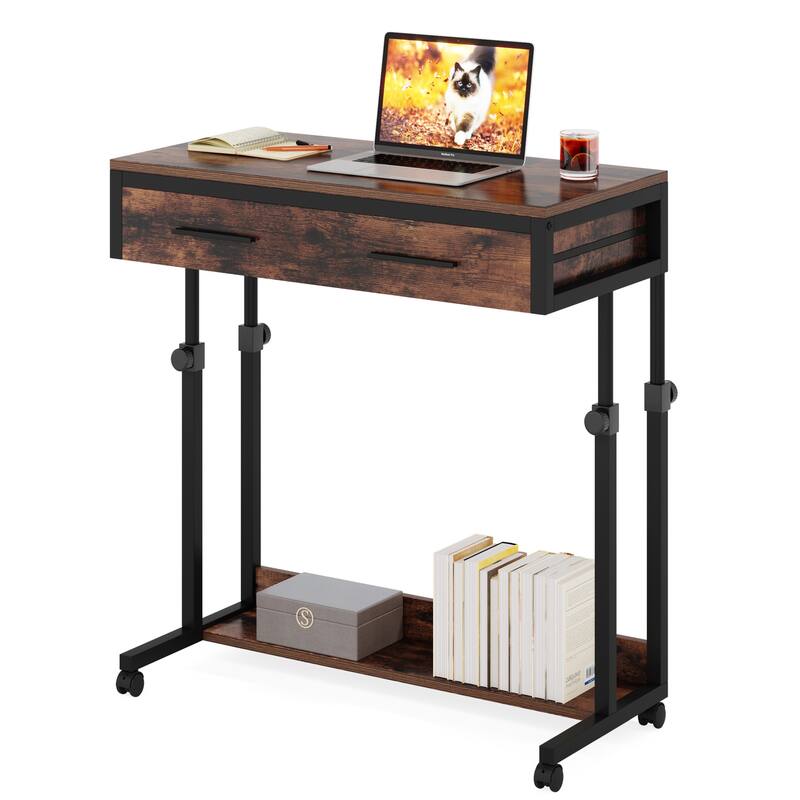 Portable Mobile Laptop Desk with Drawers, Rolling Standing Sofa Side Table for Home Office