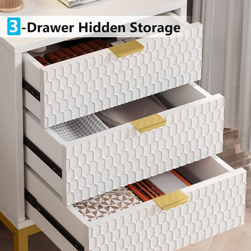 19.7-Inches Modern White and Gold 3-Drawer Nightstand