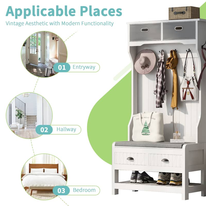 Hall Tree with 6 Hooks & Hinged-Lid Storage Bench, Entryway Coat Rack with Drawers & Shoe Cubbies, 34.2W x 68.5H