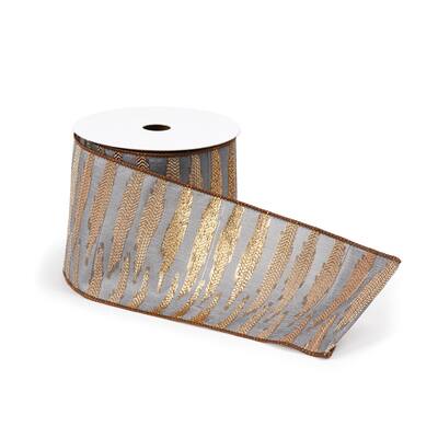 Grey and Metallic Gold Wired Ribbon 4' x 10yds. - 4" x 10