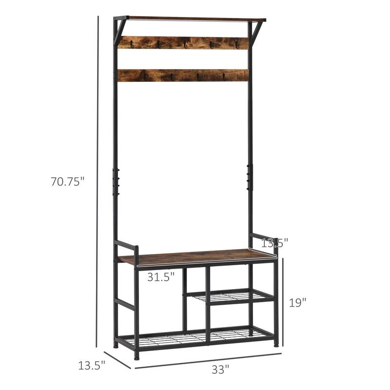 HOMCOM Hallway Tree Bench Organizer with 9 Coat Hooks, Large Sitting Bench and 3 Open Shelves for Entryway