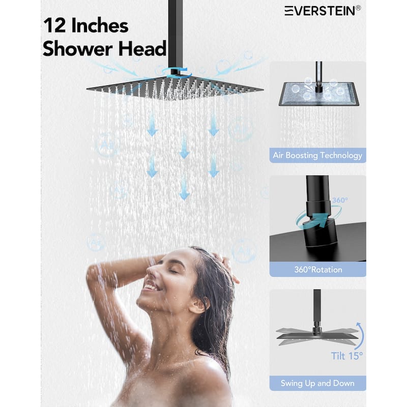 Dual Heads Thermostatic Shower Faucet with 12" Rainfall Shower, Handhels Spray And Body Jets - 12" x 6"