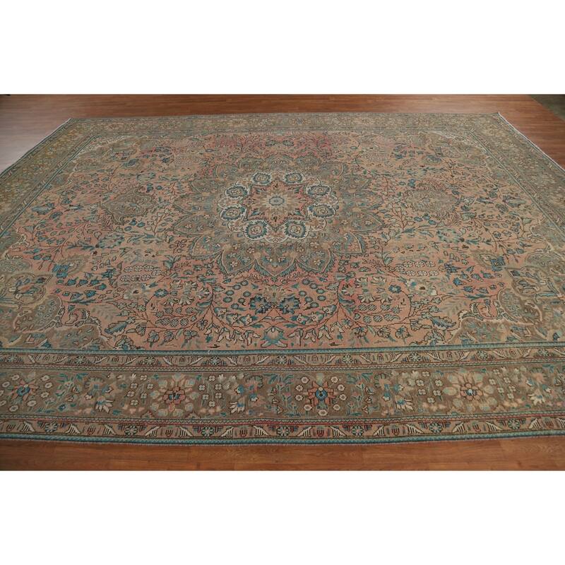 Pink Floral Tabriz Persian Area Rug Handmade Wool Carpet - 9'7" x 13'0"