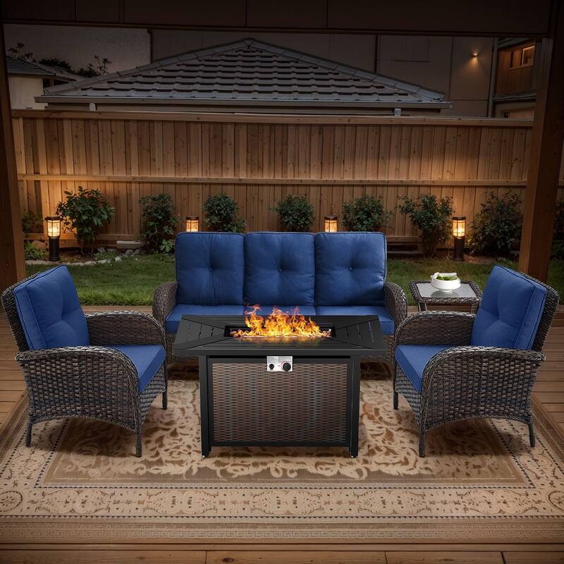 Gymojoy Outdoor Fire Pit Conversation Set, 3-Seat Sofa & Chairs Patio Furniture Set - 5-Piece included Club Chairs - Blue