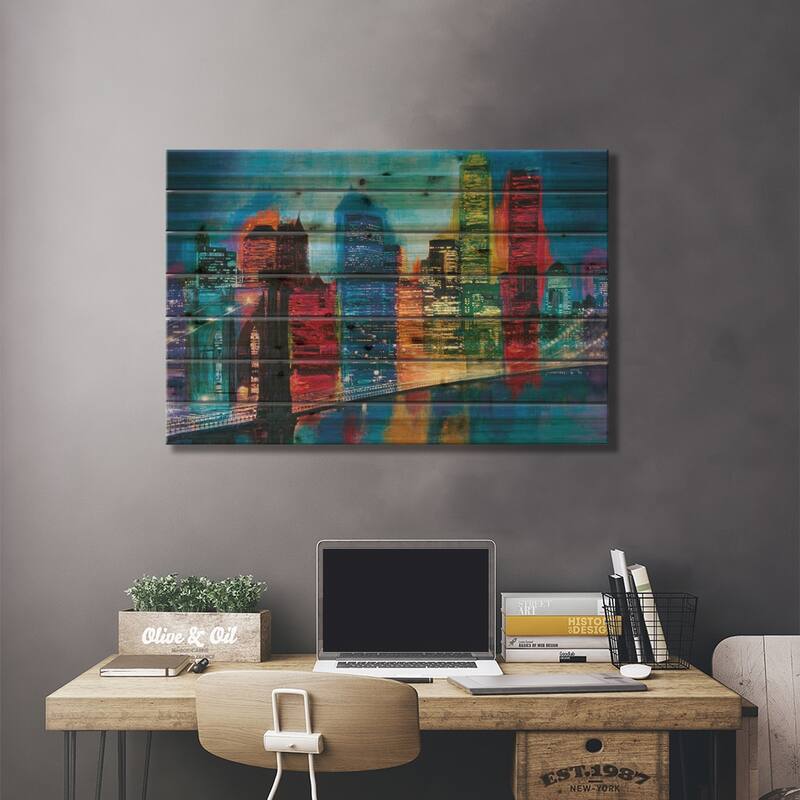 Abstract NYC Skyline at Night Print On Wood by Brian Carter - Multi-Color