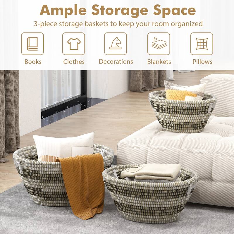 Gymax Natural Canes Grass Baskets Stackable Storage Bins Set of 3 w/
