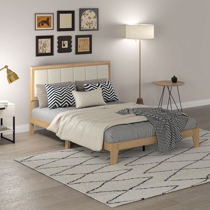 HOMCOM Full Size Bed Frame with Upholstered Headboard, Platform Bed Frame with Wooden Slats