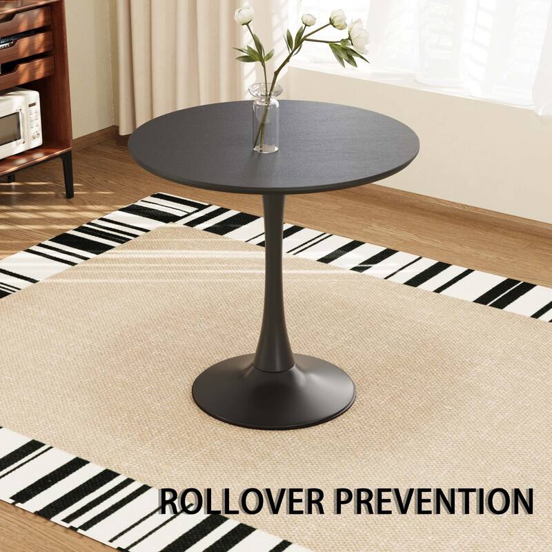 31.5 " MDF round dining table, tulip dining table, and 2 artificial leather decorative chairs with black metal legs