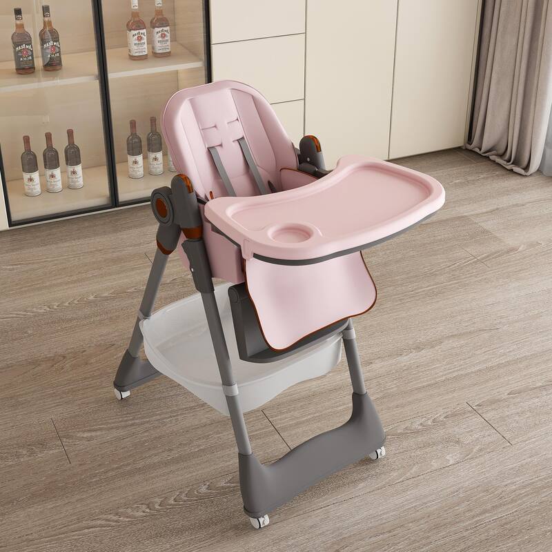Portable Adjustable Baby High Chair, Infant Feeding Seat with Safety Belt, Silent Lockable Wheels & Easy-Clean, 0-6 Years - Pink