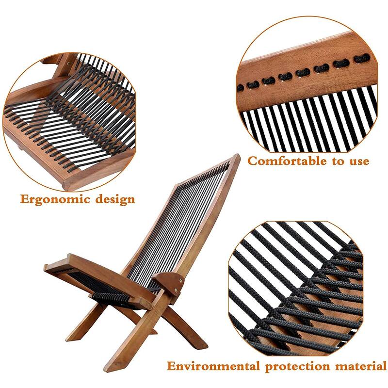Folding Roping Solid Wood Outdoor Chair, Modern Low Profile Lounge Chair for Patio, Backyard, Deck, Porch, Poolside Garden, Lawn