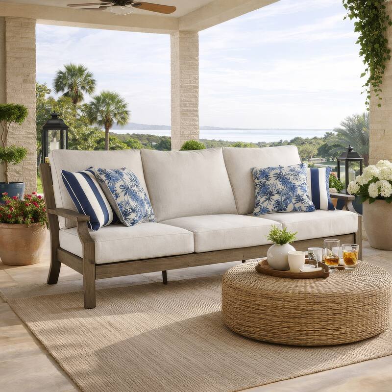 Inaya Outdoor Sofa, 4 Throw Pillows, Cream White, 89 Inch Brown Metal